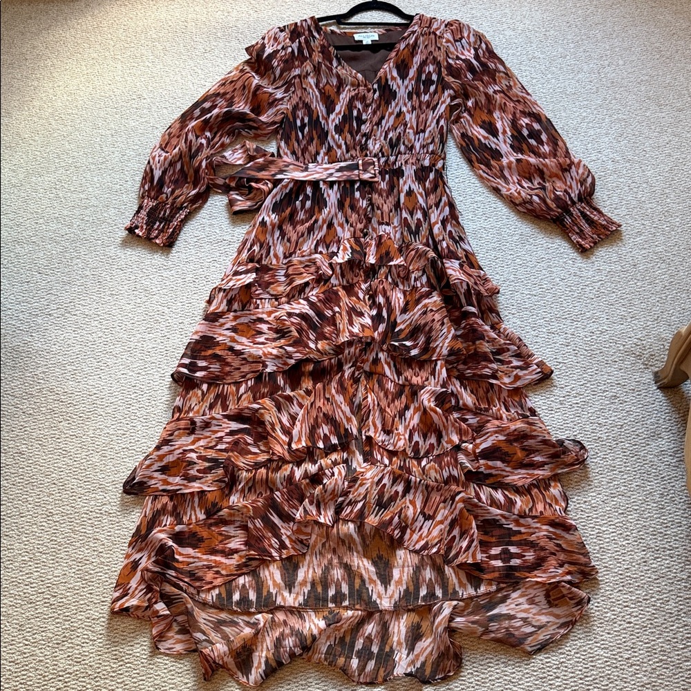 ALLISON New York Brown Multicolor IKAT Patterned MIDI Dress Sz S